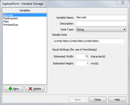 CaptureForm variable storage dialog. Here you can name the variable, give it a description, set the data type, type in a sample of what the data should look like, and set the estimated number of characters and rows used in FormStamp.